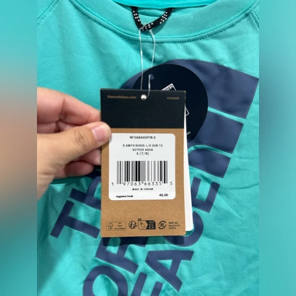 The North Face Boys Small Amphibious Long Sleeve Sun Tee Aqua Kids NWT UPF 40+